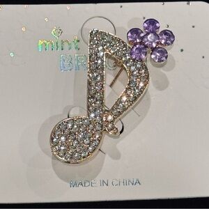 NWT Mint Rhinestone Music Note & Flower Brooch Pin